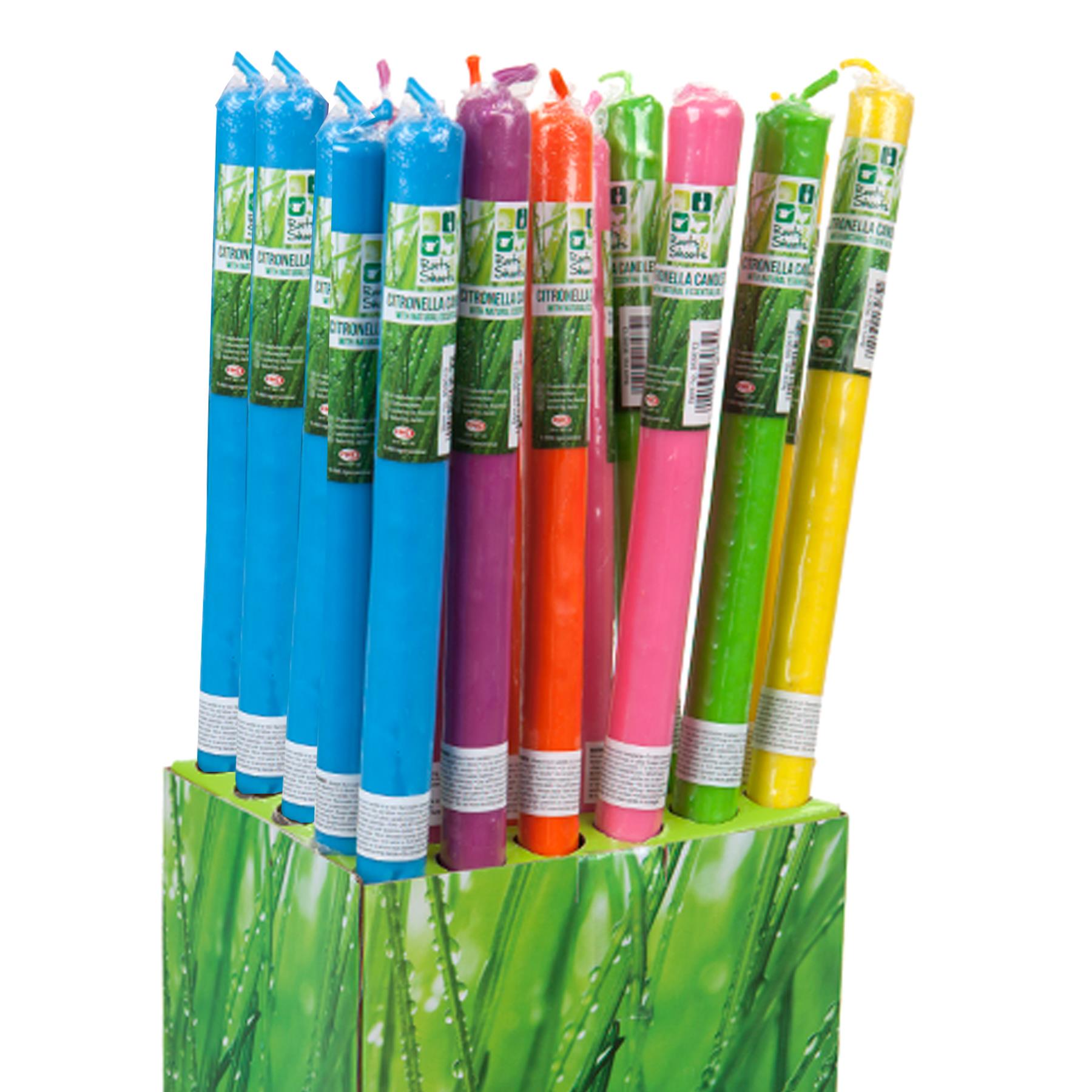 30cm Citronella Garden Candles on Bamboo Stick 6 x Random Colours