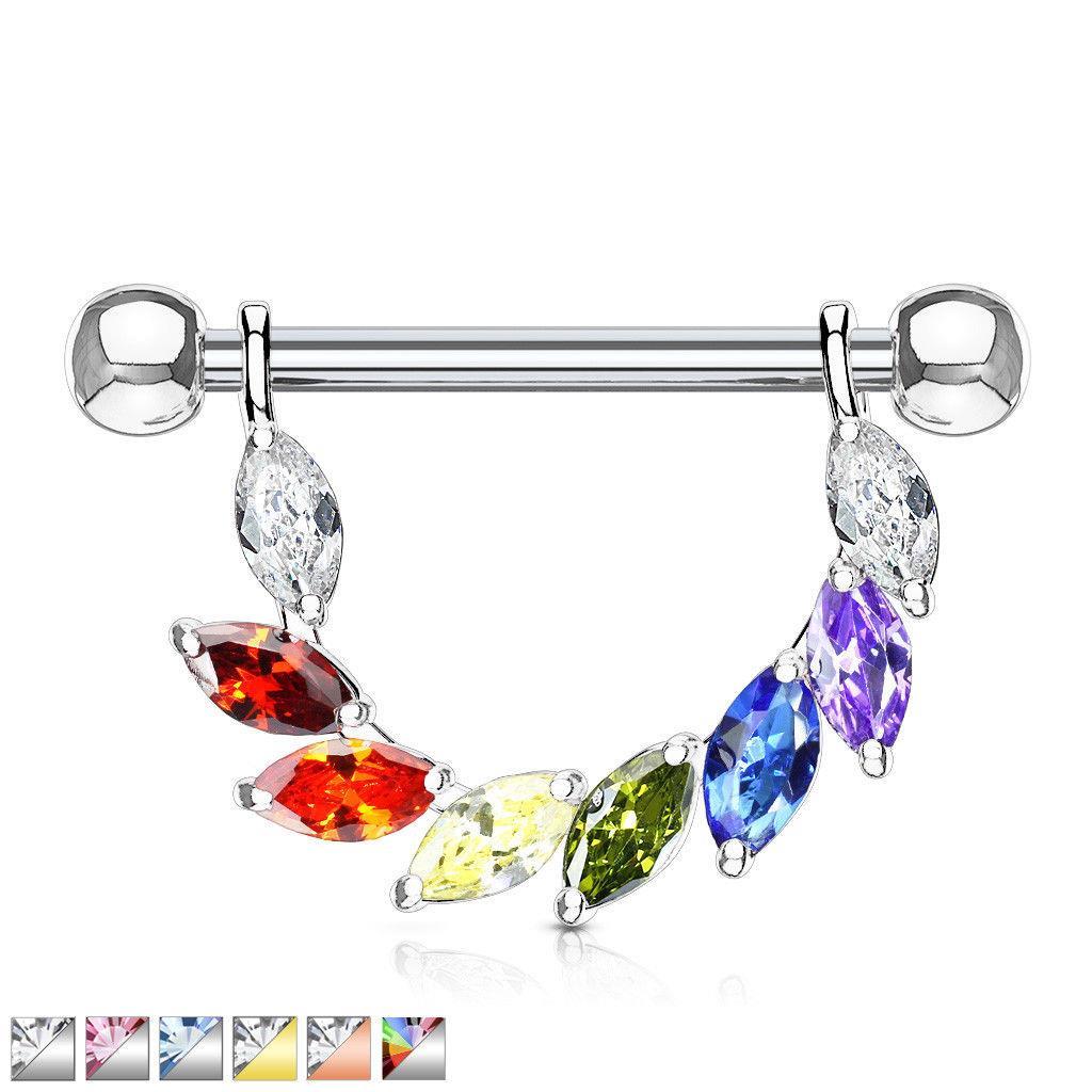 14G SILVER SURGICAL STEEL DANGLE CLEAR CUBIC ZIRCONIA NIPPLE BAR SHIELD RING