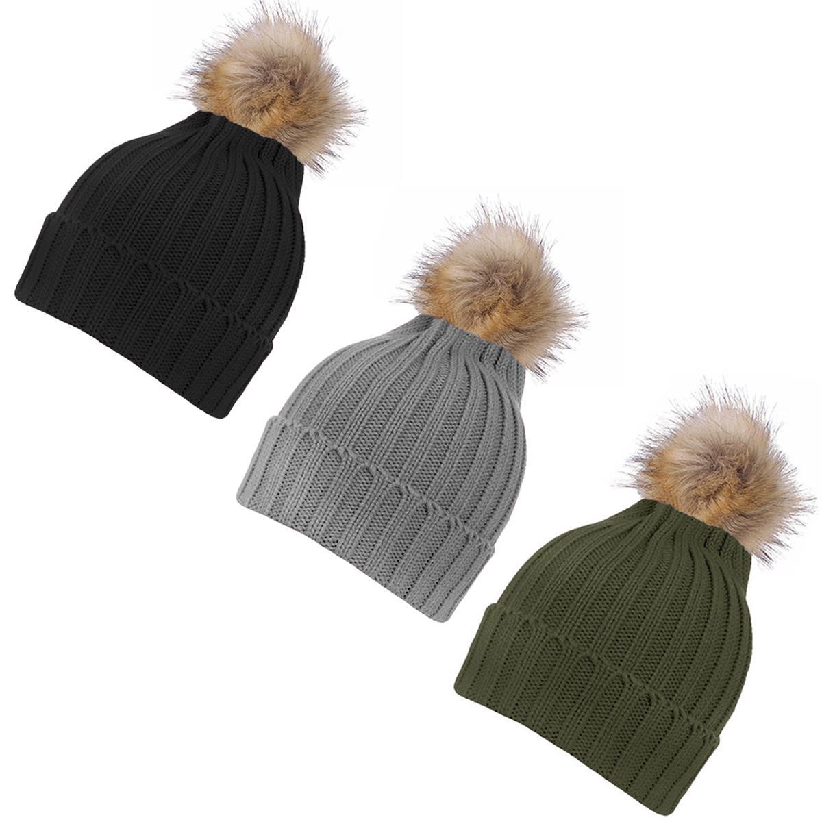 Inspirations Ladies Fluffy Faux Fur Pom Beanie HatWomens Knitted Bobble Cap
