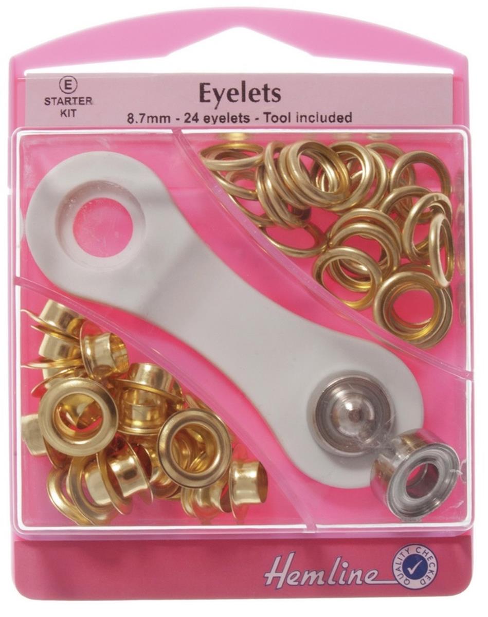 Hemline 8.7mm Gold Brass Eyelet Starter Kit (24 sets) With Eyelet Tool