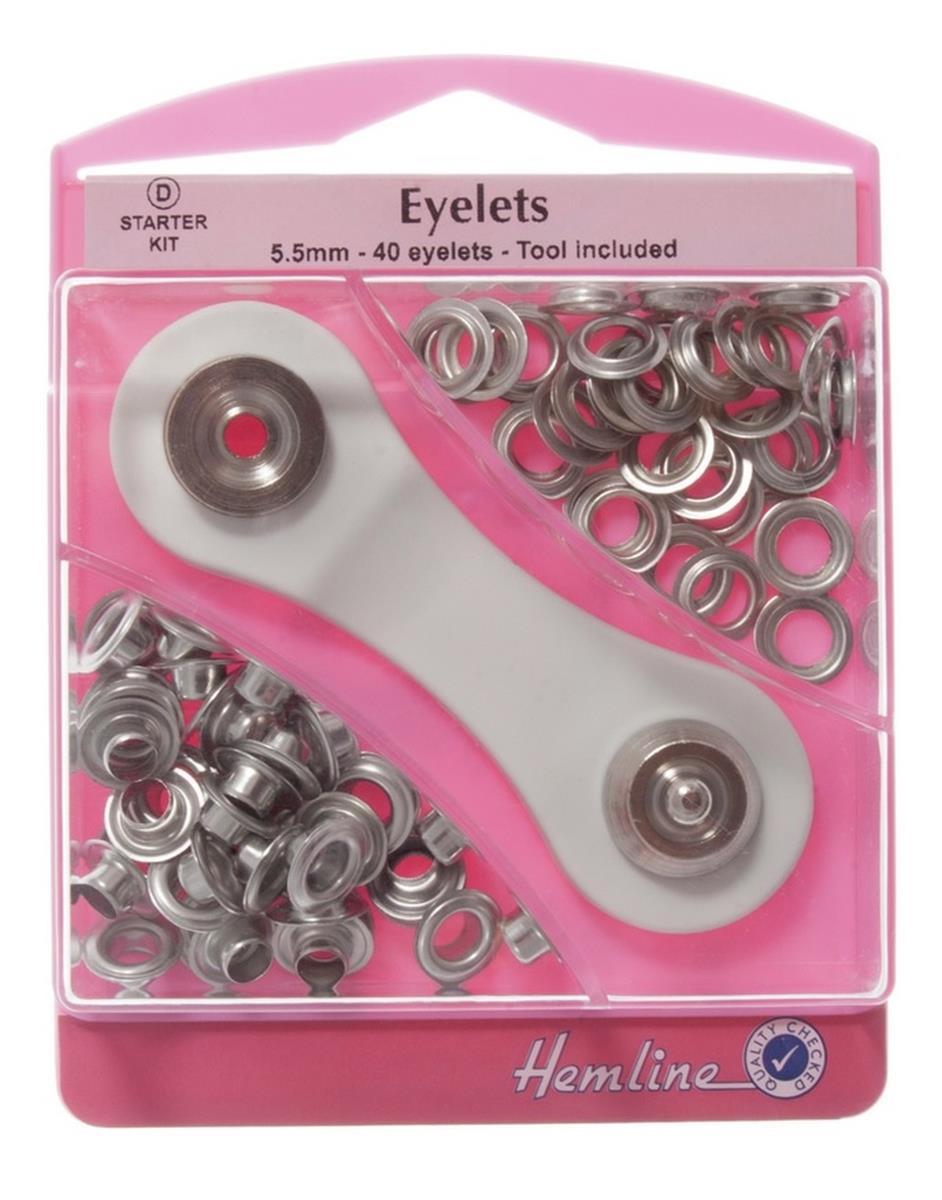 Hemline 14mm Silver Nickel Eyelet Starter Kit 10 sets With Eyelet Tool