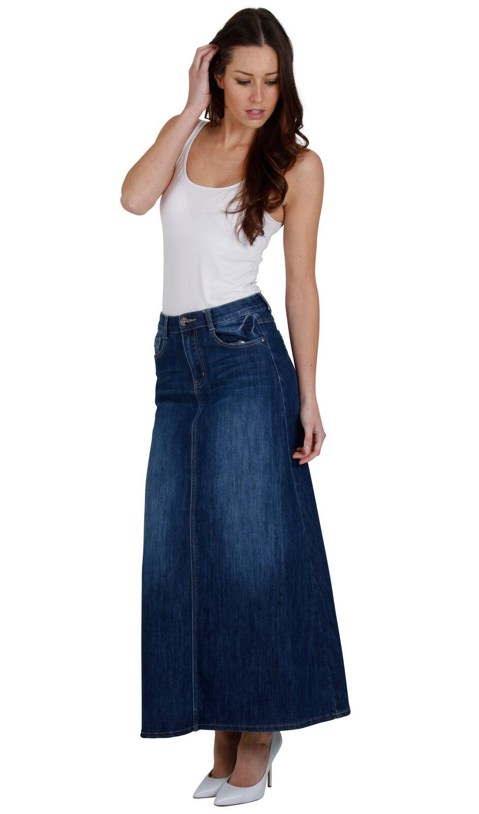 Long Stonewash Denim Skirt SKIRT68 Womens Maxi Skirt Full Length Denim