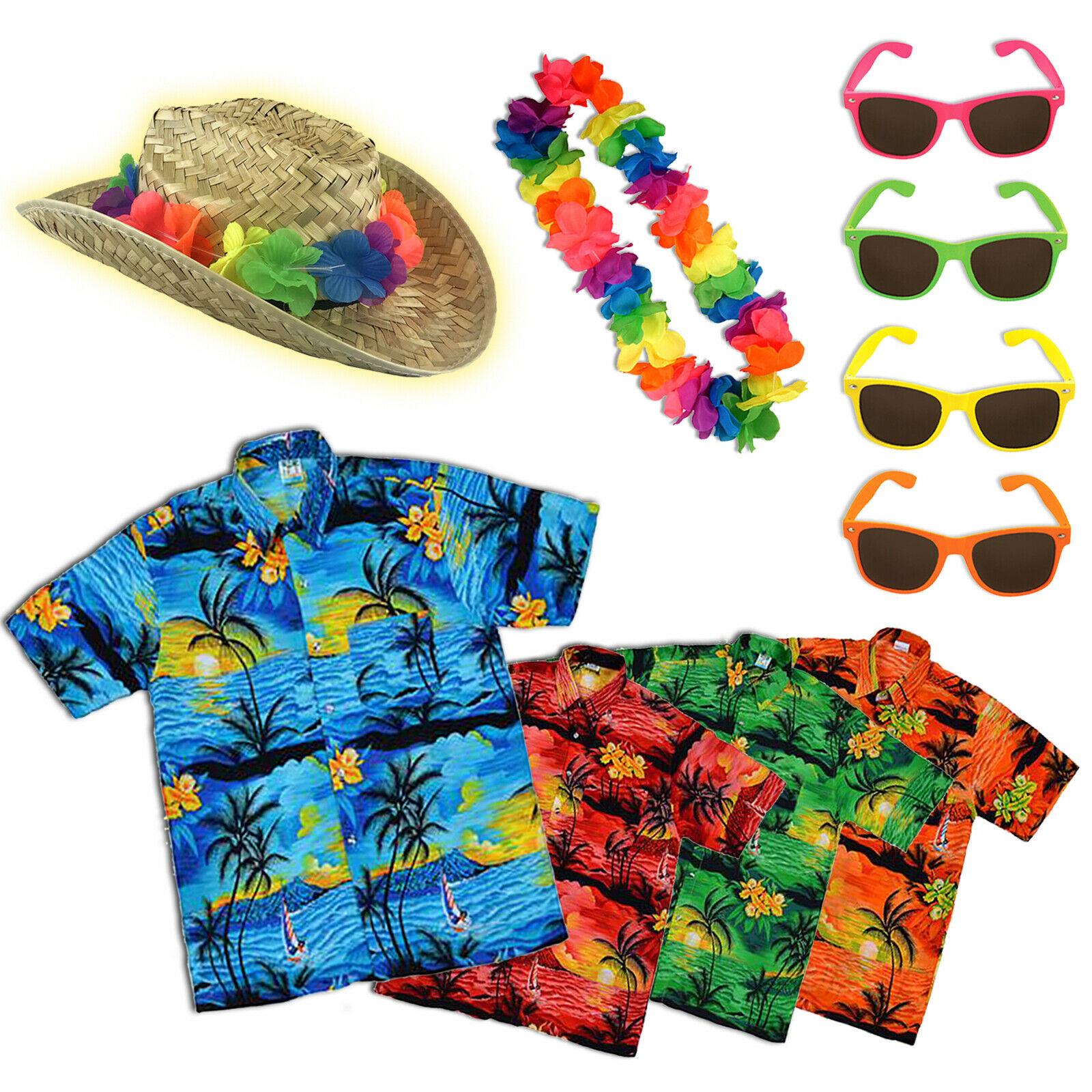 Mens Hawaiian Summer Shirt Fancy Dress costume Straw Hat Glasses Lei