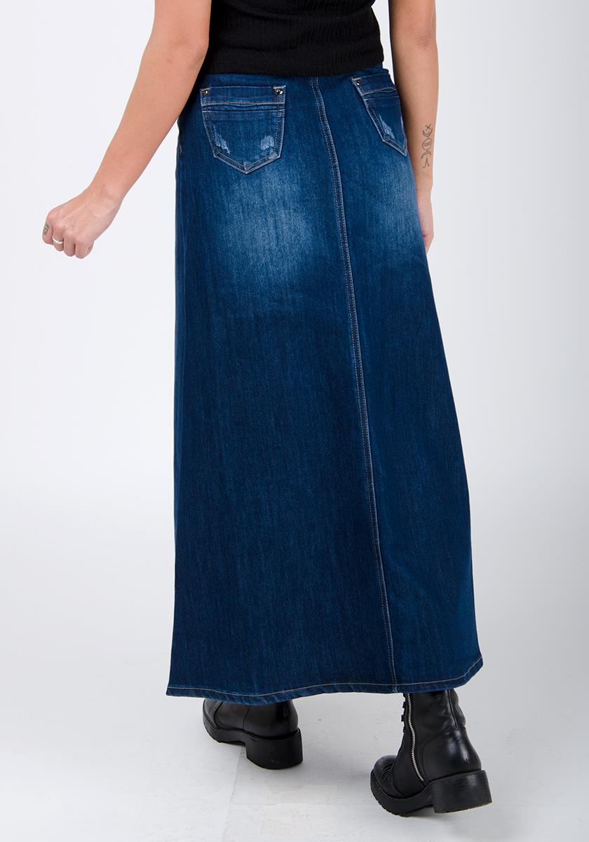 Long Denim Skirt - Stonewash Maxi Full Length Jean Skirt with Stretch ...
