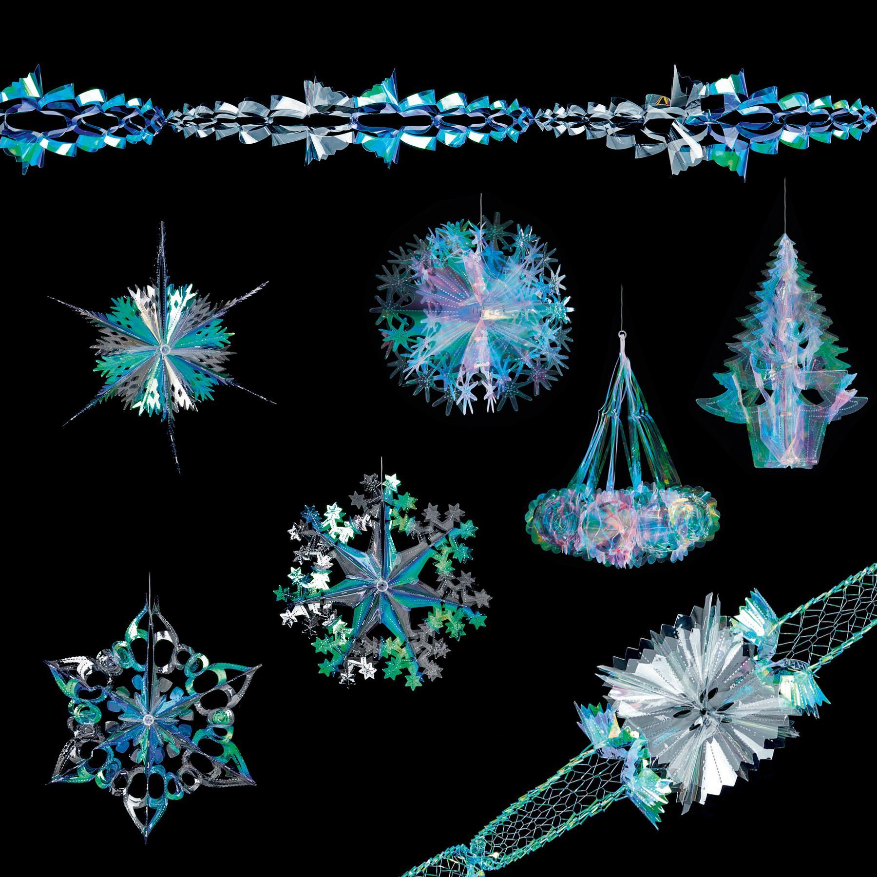 Silver /& White Christmas Foil Ceiling Decorations Garlands Stars Snowflakes
