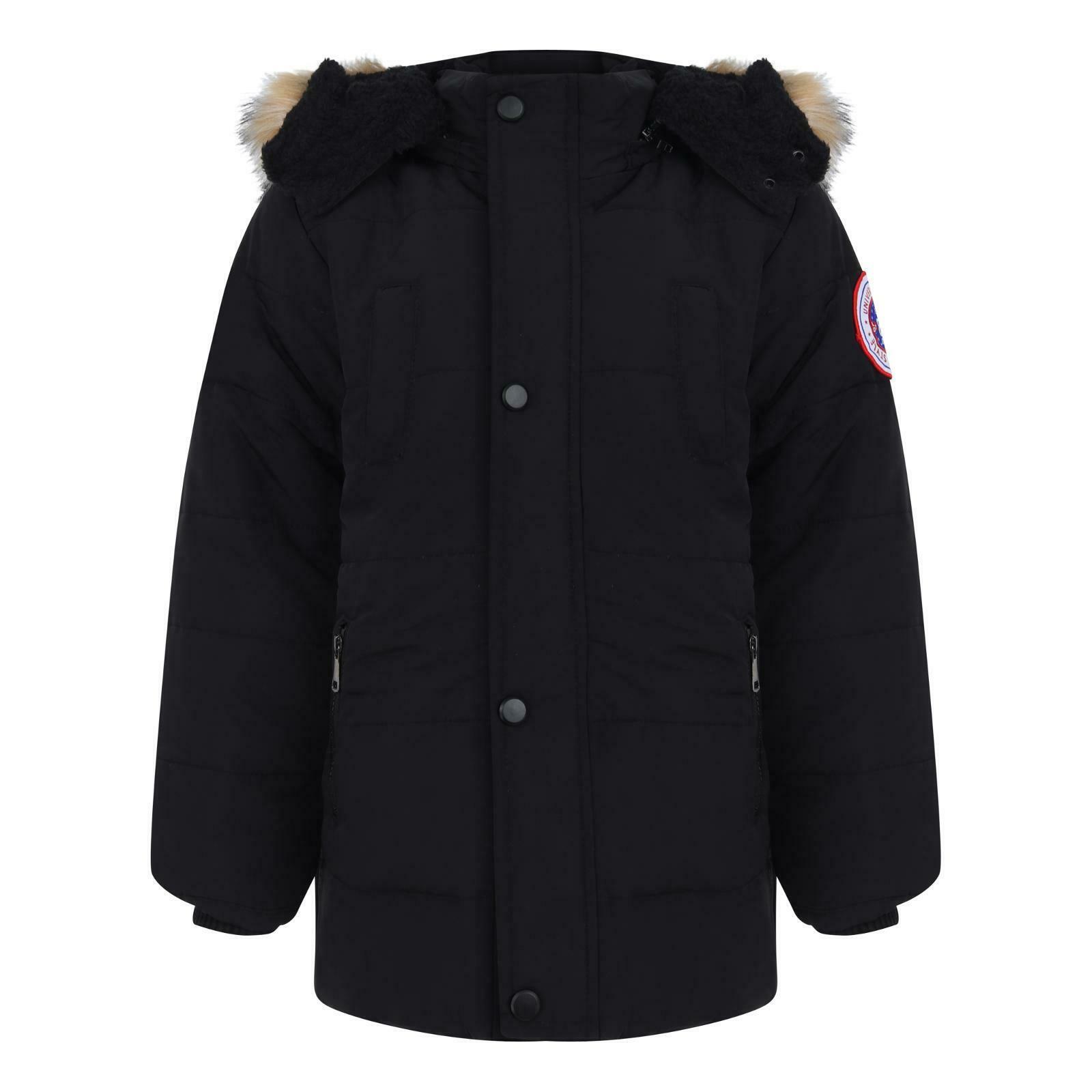 Boys Parka Coats Padded Fleece Jackets Faux Fur Hooded Winter School ...