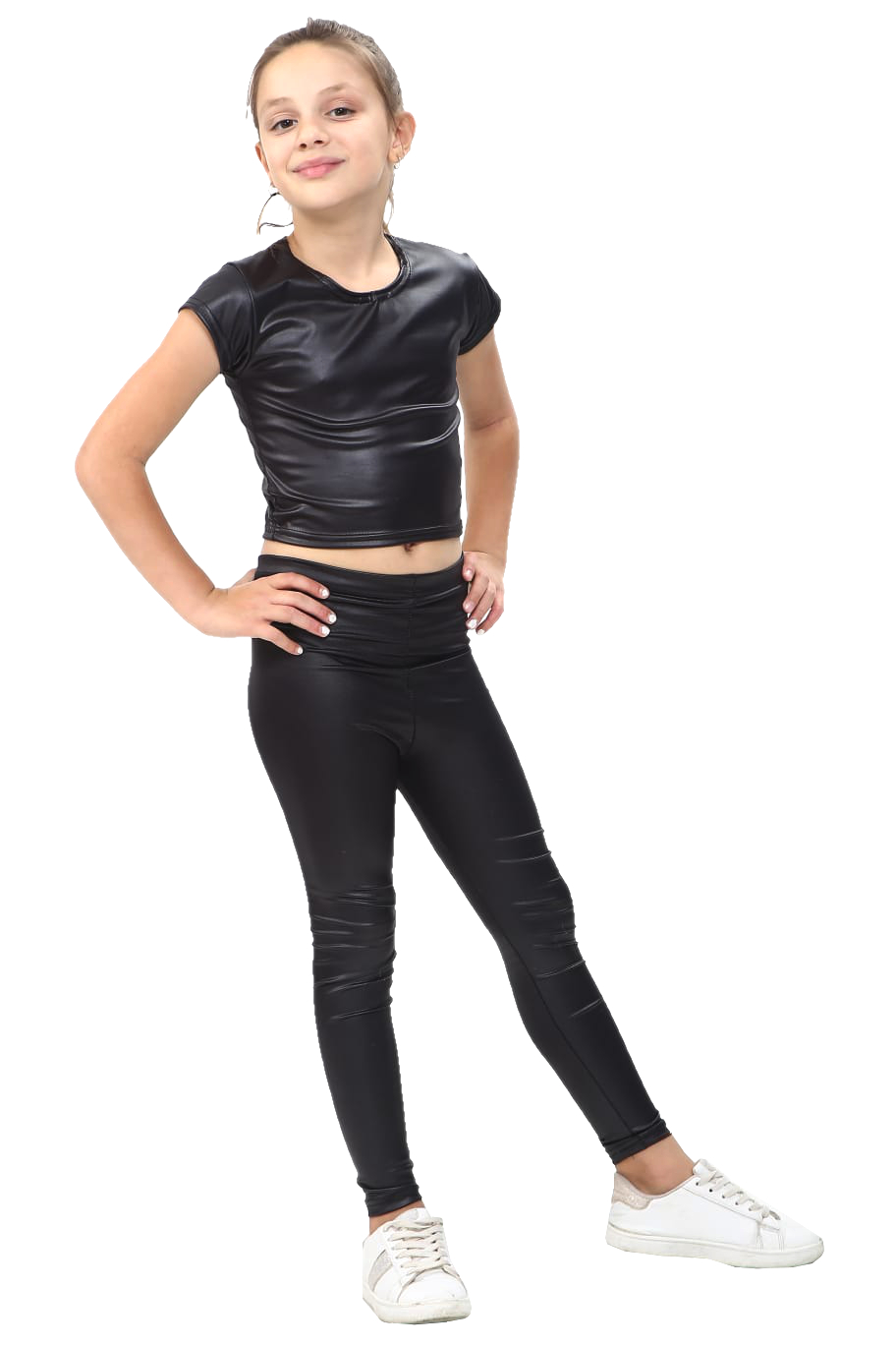 Girls Wet Look Outfit Crop Top And Leggings New Metallic Black Shiny Stretch Set Ebay