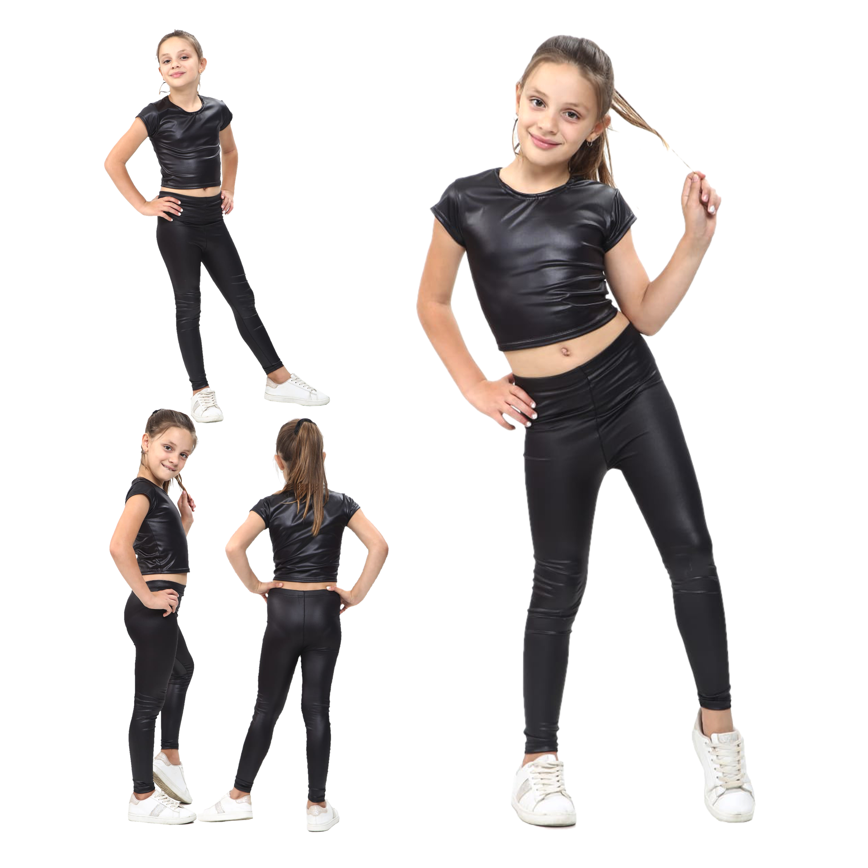 Girls Crop Top And Leggings Set Metallic Black Wet Look Shiny Stretch 6542