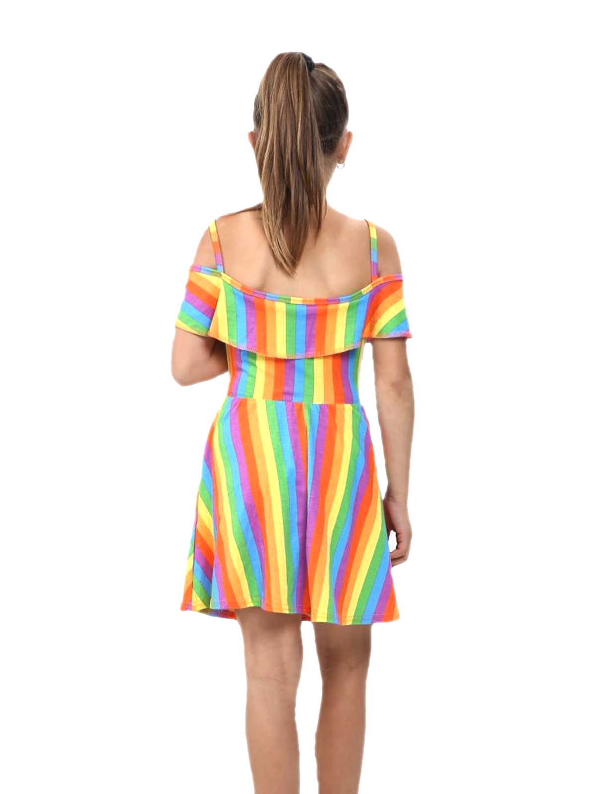 Girls Rainbow Summer Off Shoulder Dress Party Skater Dresses