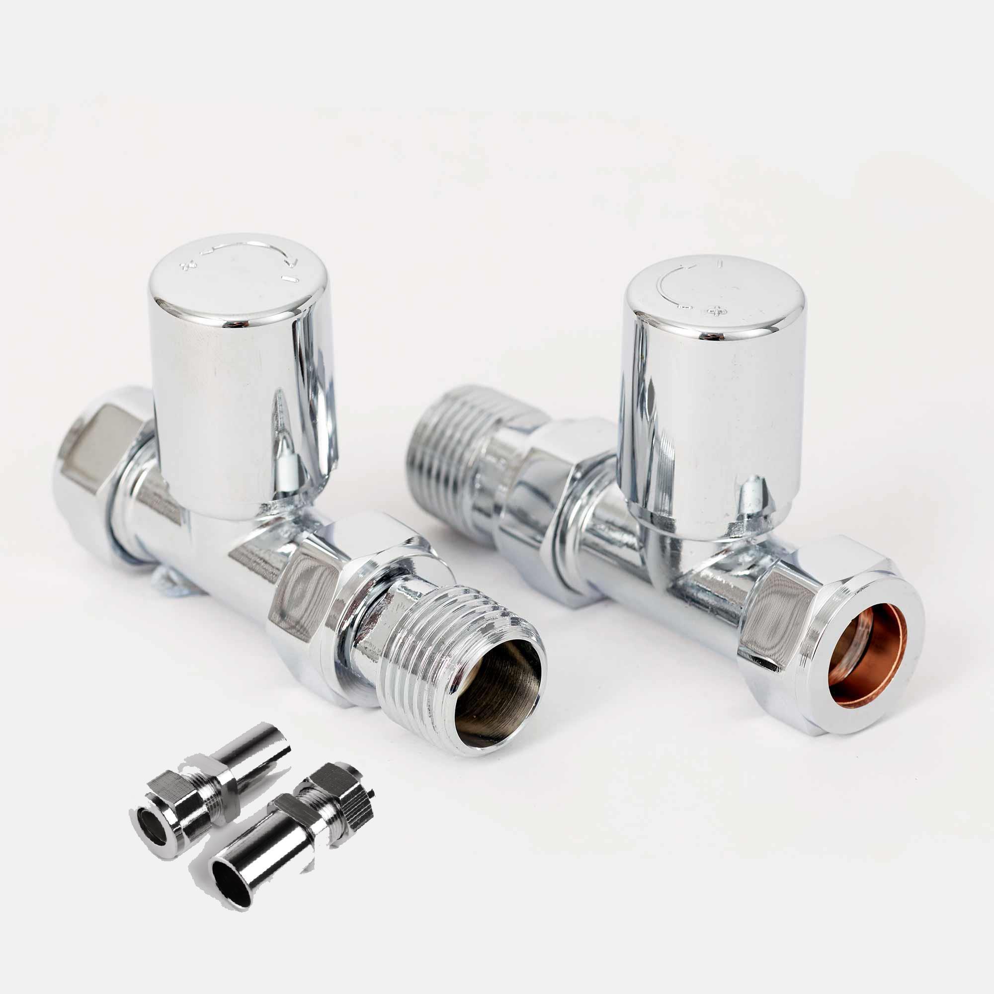 Milano Small Straight Radiator Valve set with Chrome Plastic caps