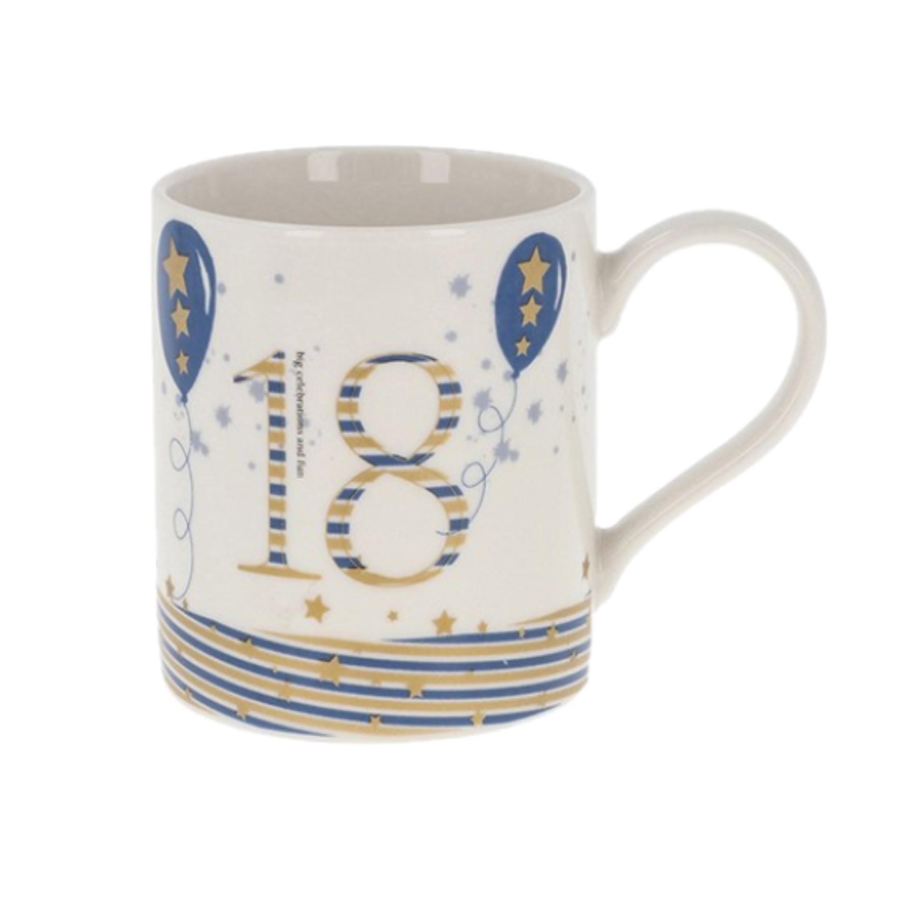 Birthday Mug Blue and Gold Balloon Image – Choose Age