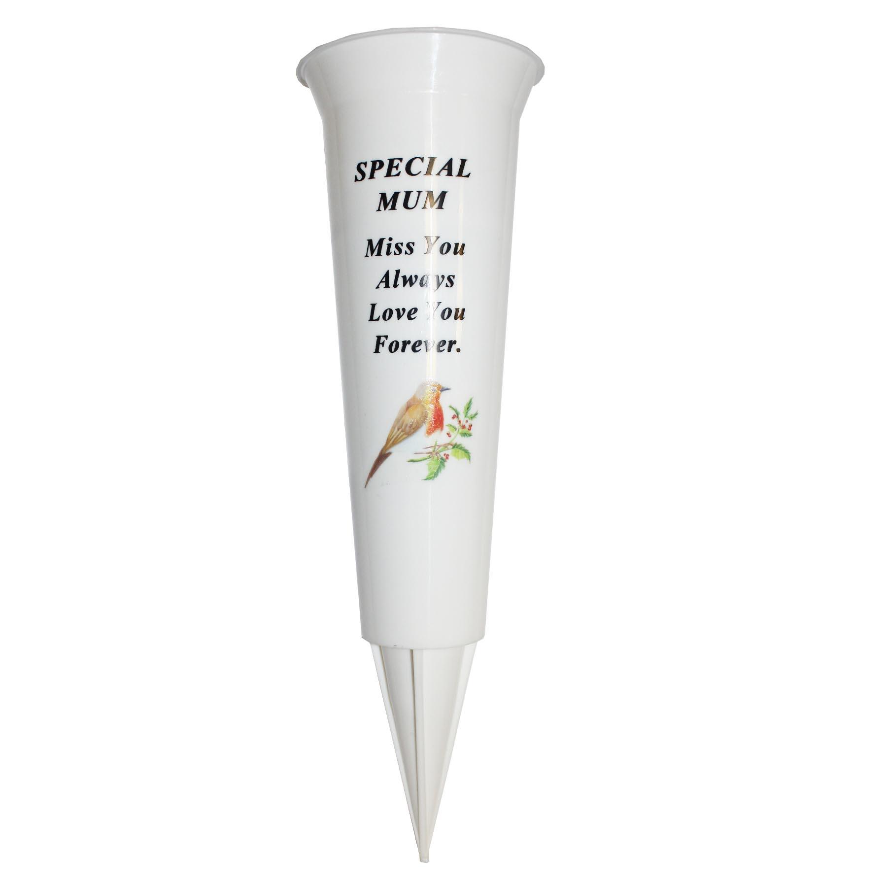 Memorial Graveside Flower Vase with Spike Robin Image - Choose Design