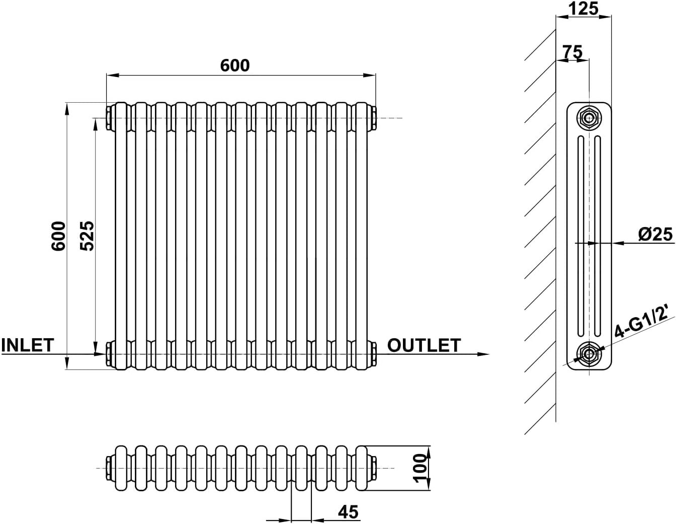 3 Column Raw Metal Column Radiators - 600mm High