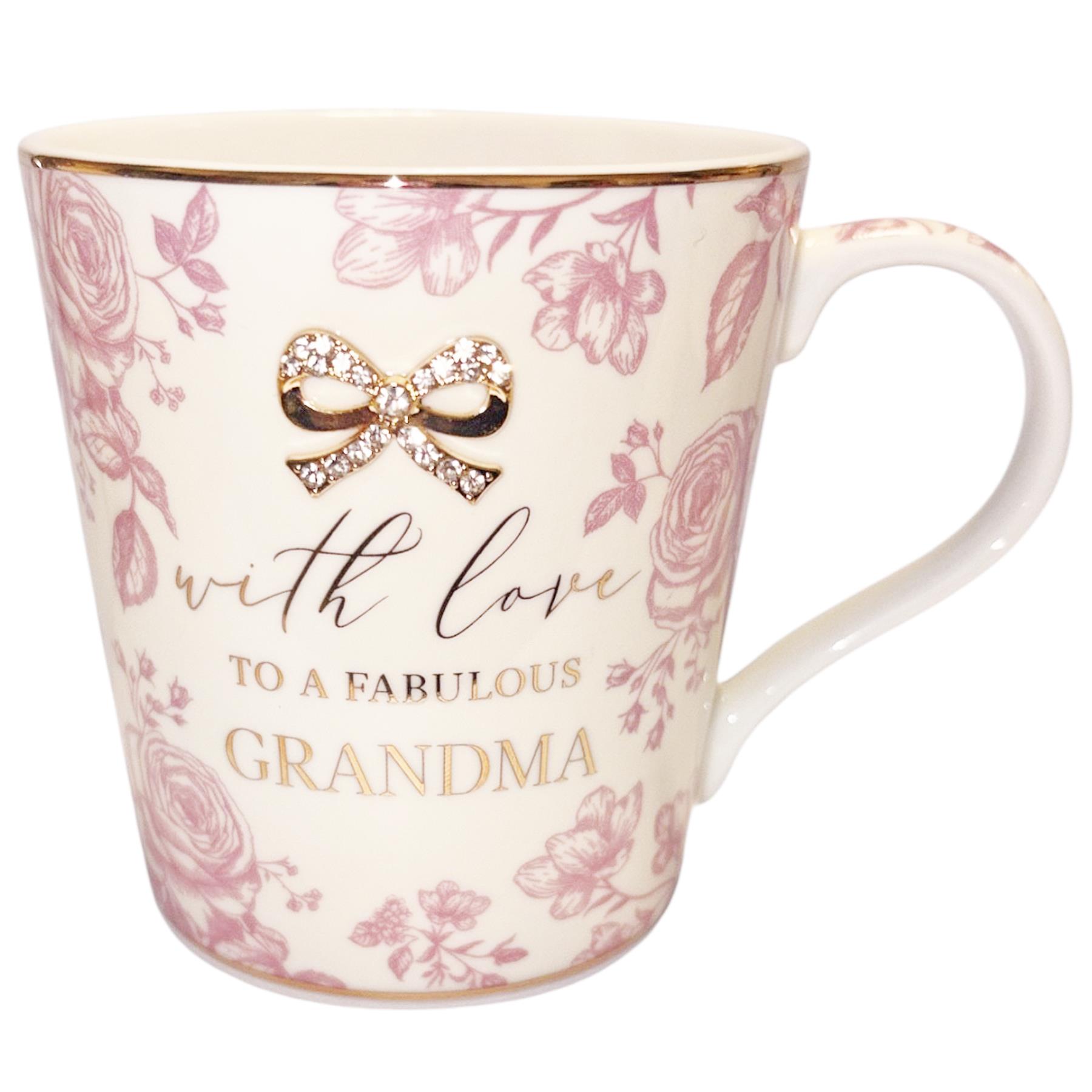 Gift Boxed Floral Mug Cup with Wording and Diamante Bow – Choose Design